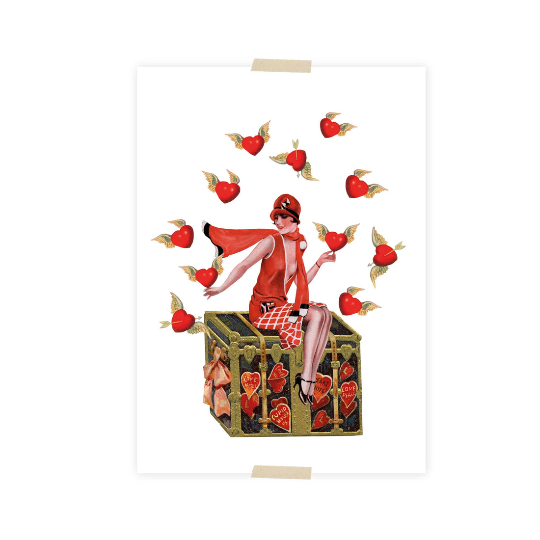 Postcard collage dametje vangt hartjes