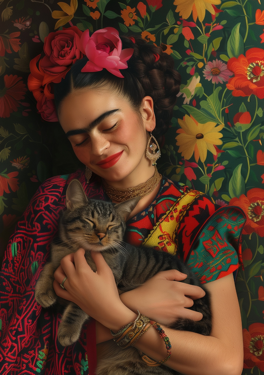 Frida Kahlo met kat |  Cadeaukaart Fripperies