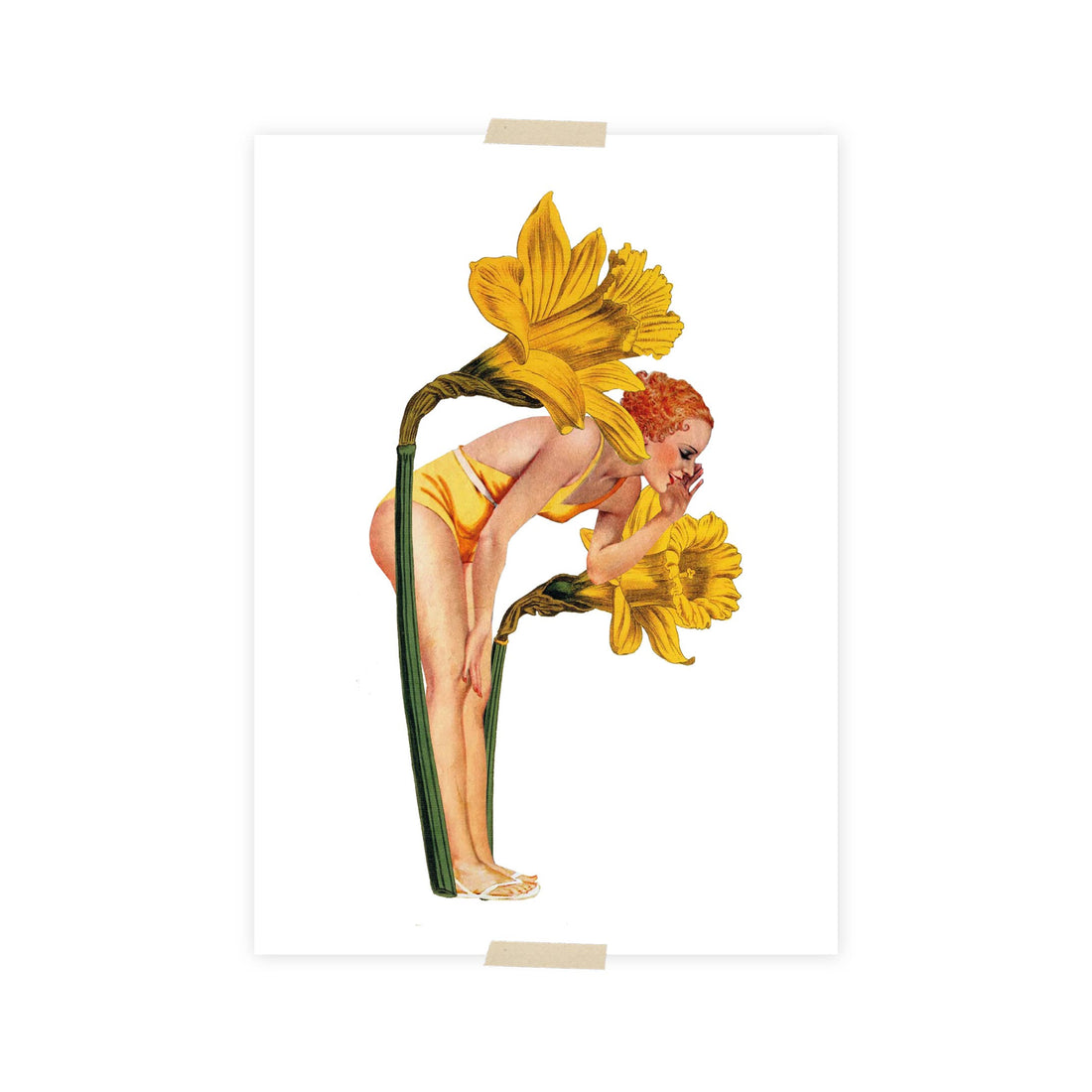 Postcard collage dame tussen de narcissen