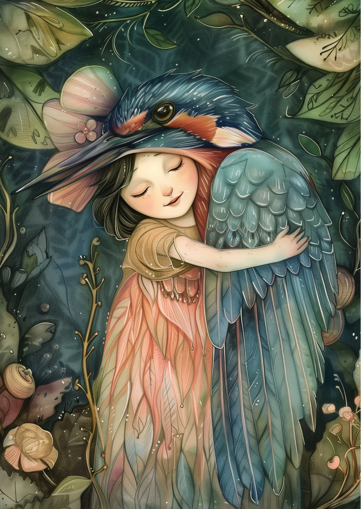 Birds & Fairies: Elf met ijsvogel | Kaart Fripperies