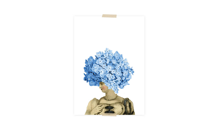 Postcard collage dametje met hortensia op hoofd