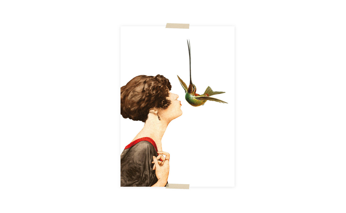 Postcard collage dametje kust kolibri