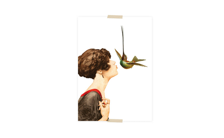 Postcard collage dametje kust kolibri
