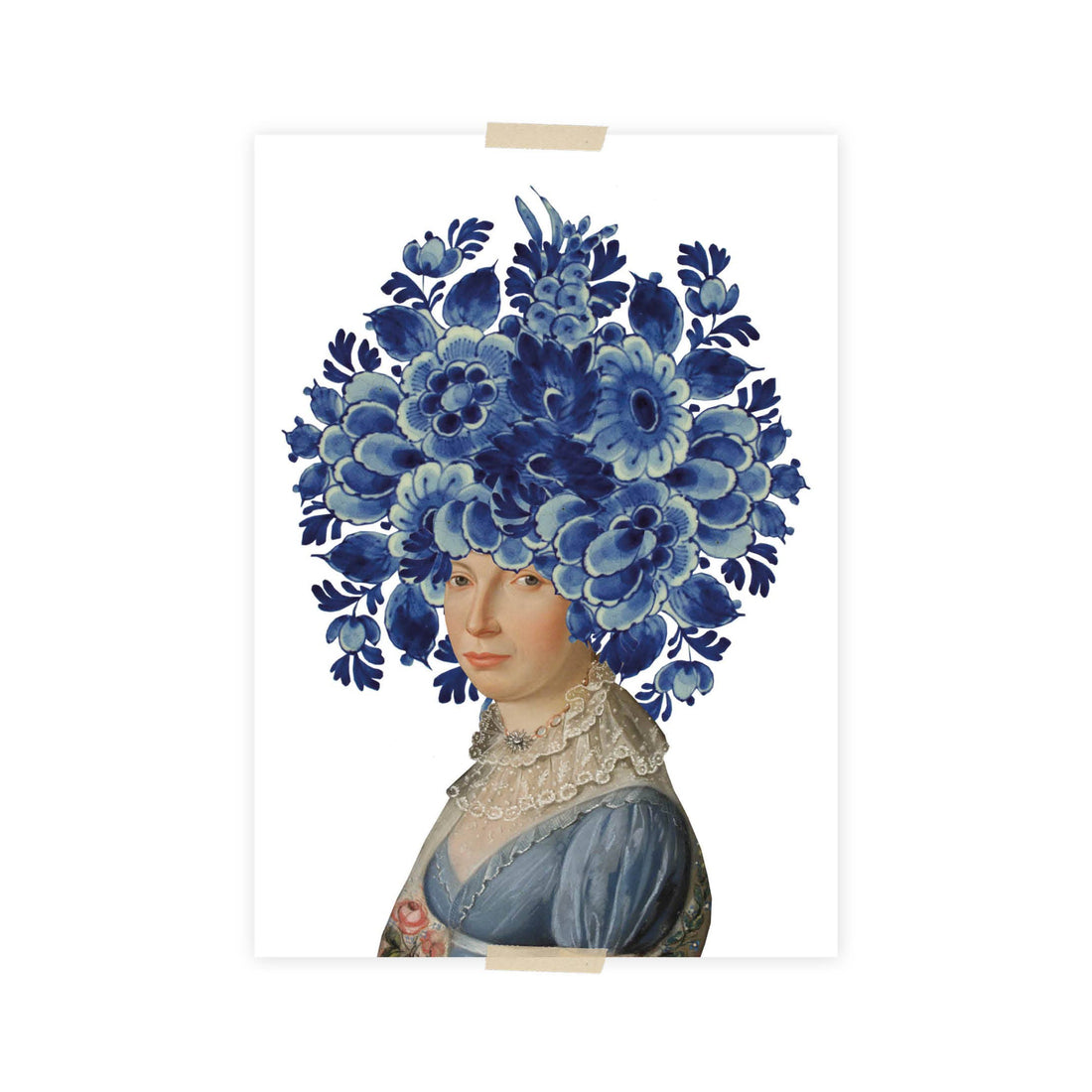 Postcard collage Zaans Museum - vrouw blauw bloemenhoofd