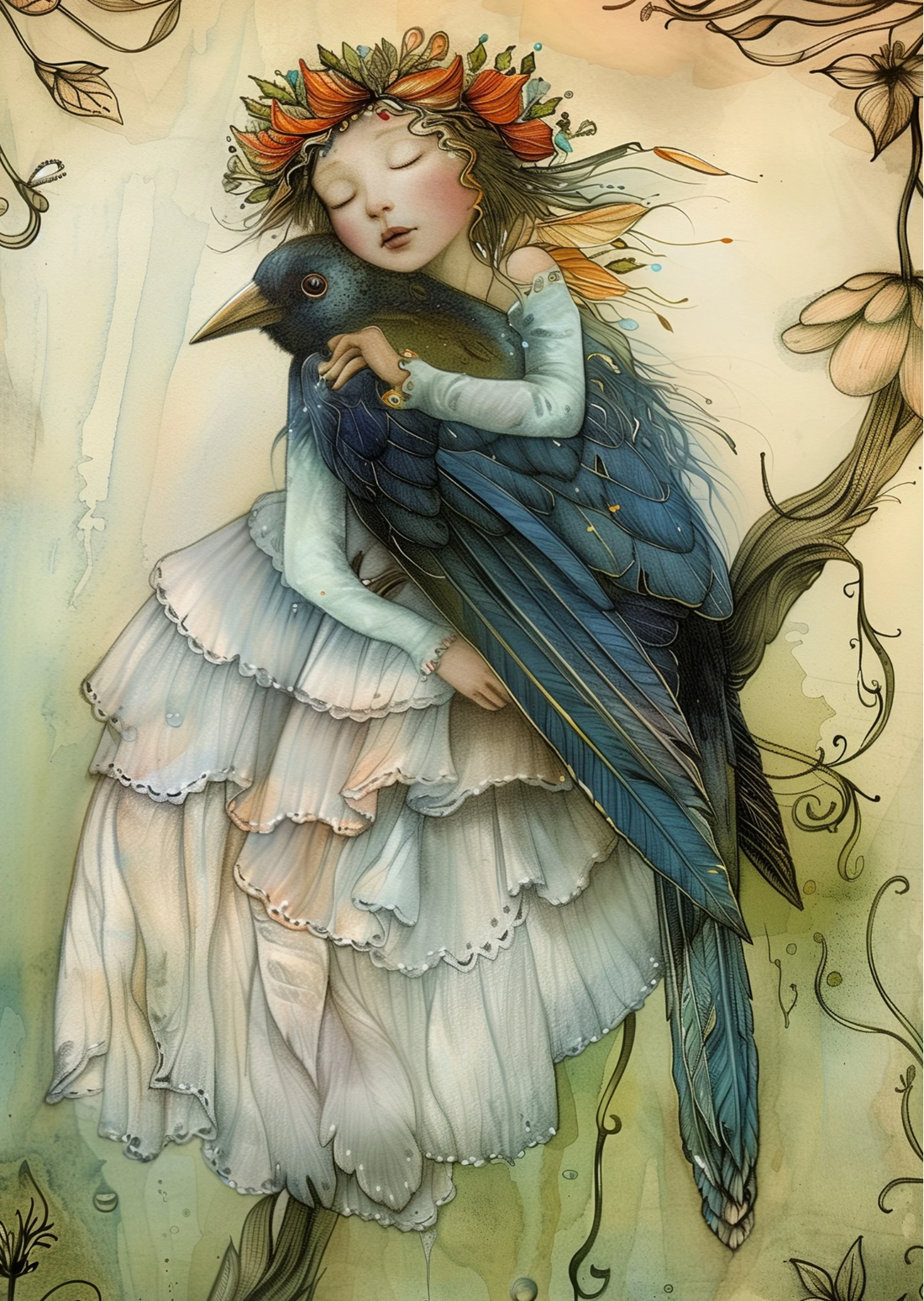 Birds & Fairies: Elf met spreeuw | Kaart Fripperies
