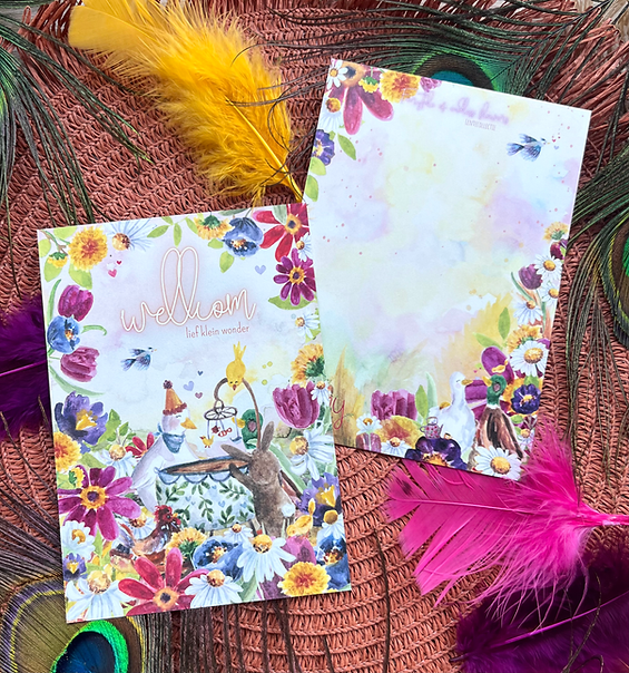 Bloemenfeest welkom klein wonder | Postkaart A6 Romyillustrations