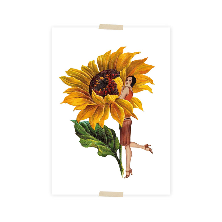 Postcard collage dametje met zonnebloem