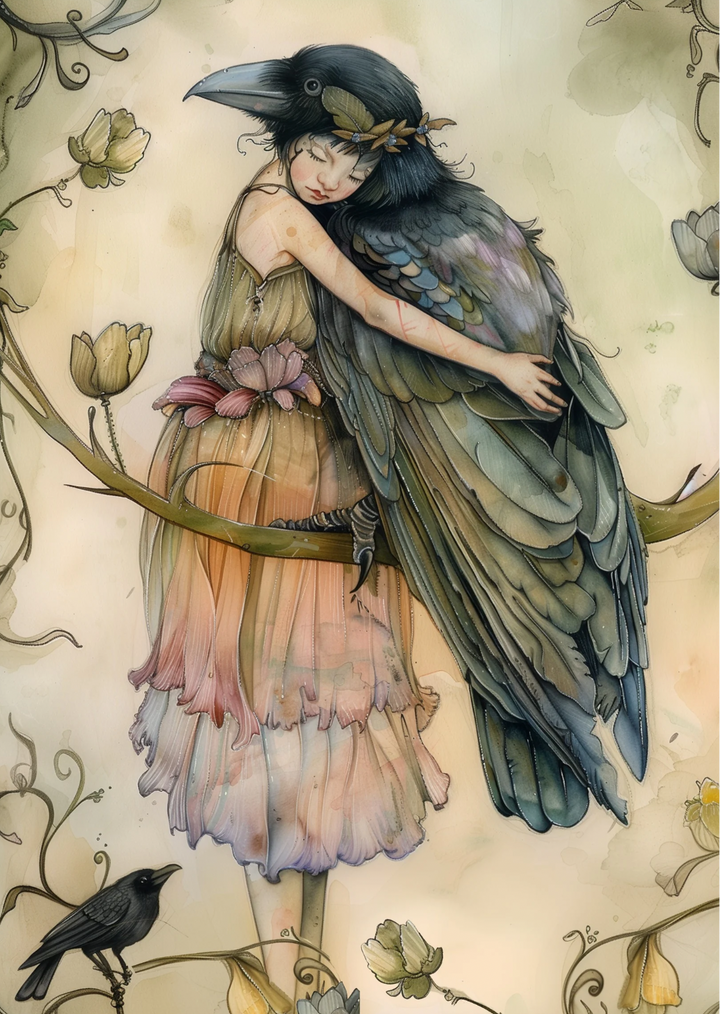 Birds & Fairies: Elf met raaf | Kaart Fripperies