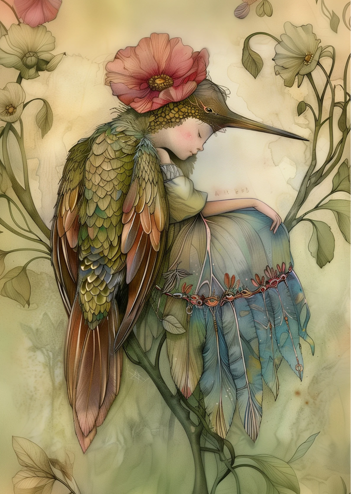 Birds & Fairies: Elf met kolibrie | Kaart Fripperies