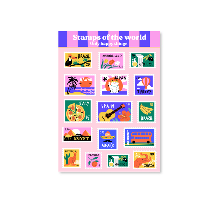 Stickersheet Postzegels van de wereld A6 | Stickervel Only Happy Things