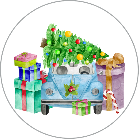 Auto met kerstboom en cadeau's | Sluitstickers 10st.