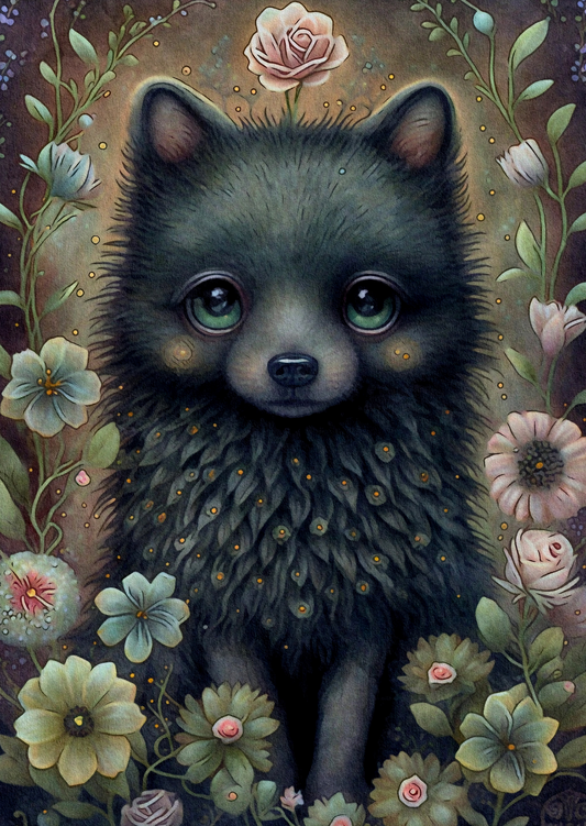 Zwarte wolf in bloemen | Kaart Fripperies