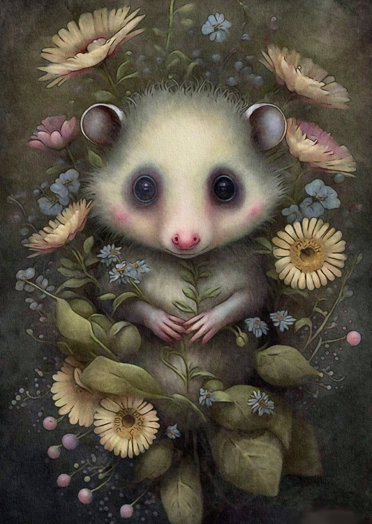 Opossum in bloemen | Kaart Fripperies