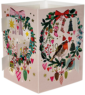 Kerstkrans met roodborstje | Theelichtjes adventskalender kaart Edition Gollong