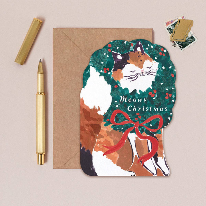 Kerstkaart met kat en 'Meowy Christmas' | Feestdagenkaarten