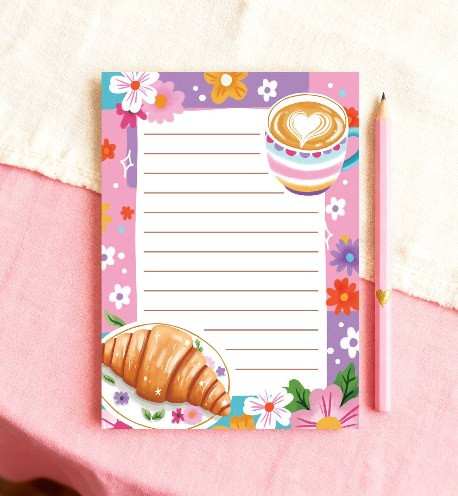 Notitieblok A6 croissant koffie bloemen vrolijk