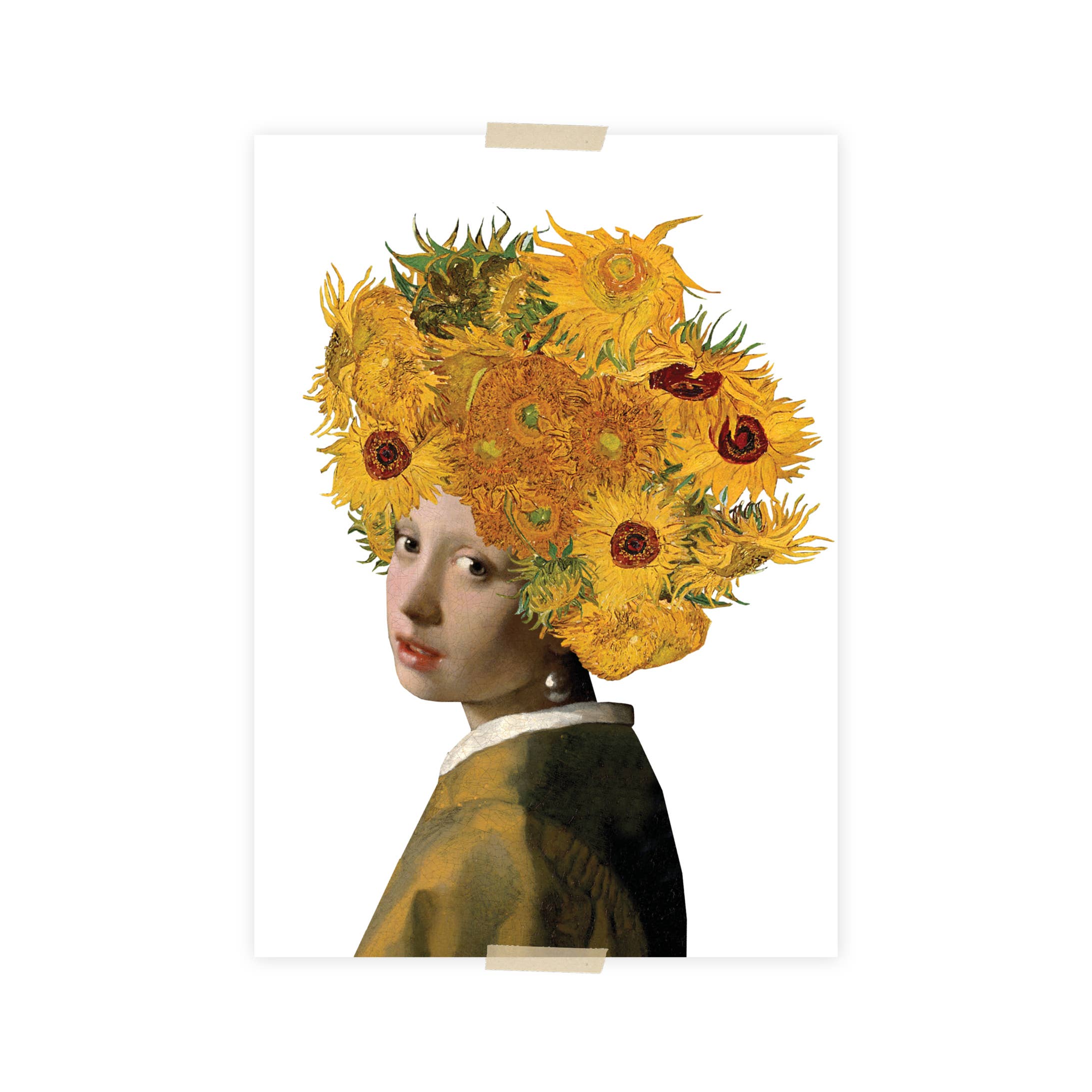 Postcard collage Vermeer & Vincent Meisje parel zonnebloemen