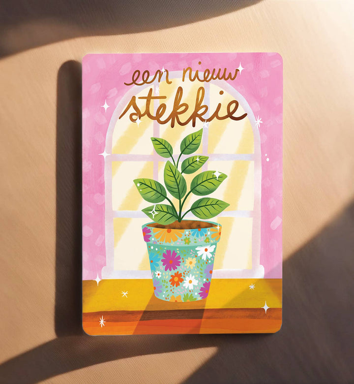 Kaart felicitatie nieuwe woning stekkie roze ansichtkaart