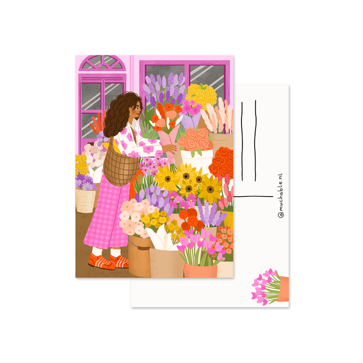 Ansichtkaart - illustratie artprint vrouw bij bloemenkraam