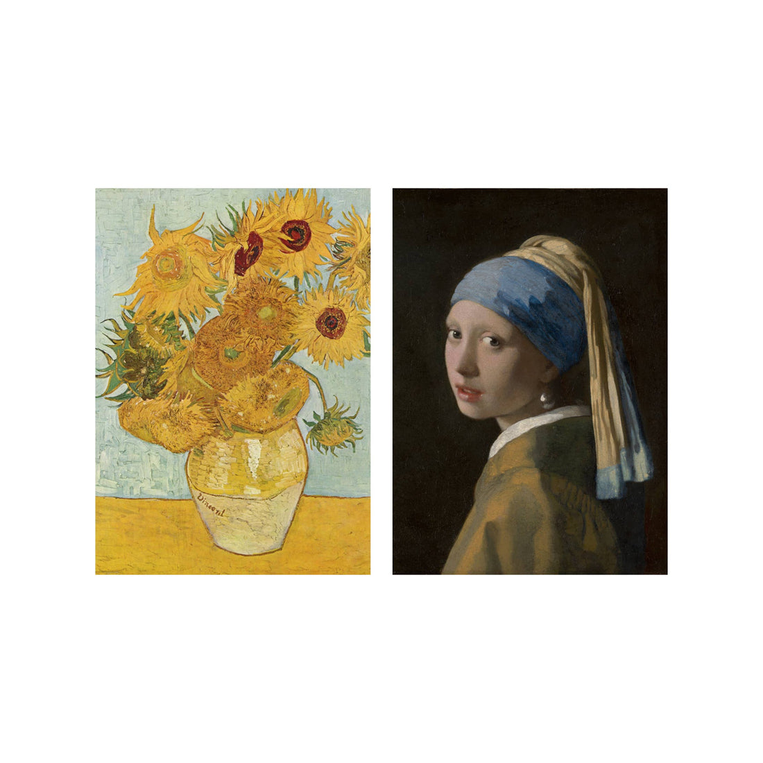 Postcard collage Vermeer & Vincent Meisje parel zonnebloemen
