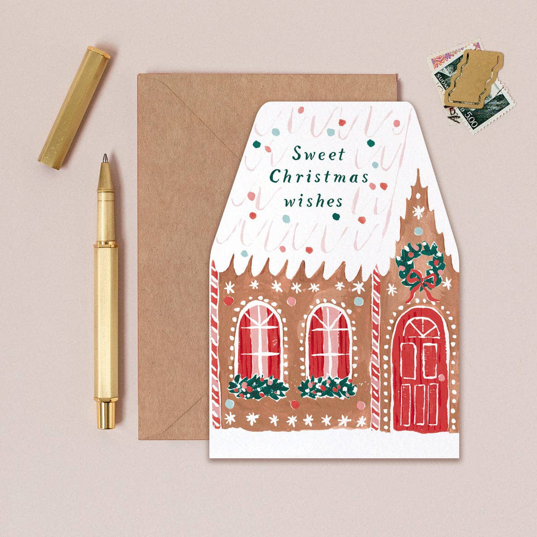 Kerstkaart in de vorm van een peperkoekhuisje | feestdagenkaart | Kerst