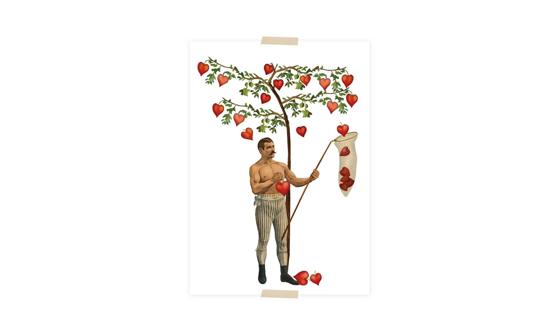 Postcard collage man vangt hartjes