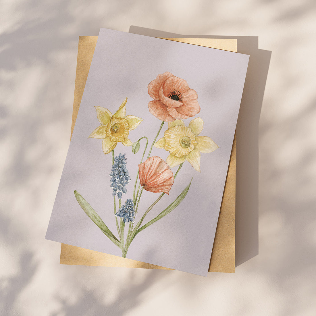 Ansichtkaart boeket klaprozen, narcissen en blauwe druif | Kaart Appeloogje