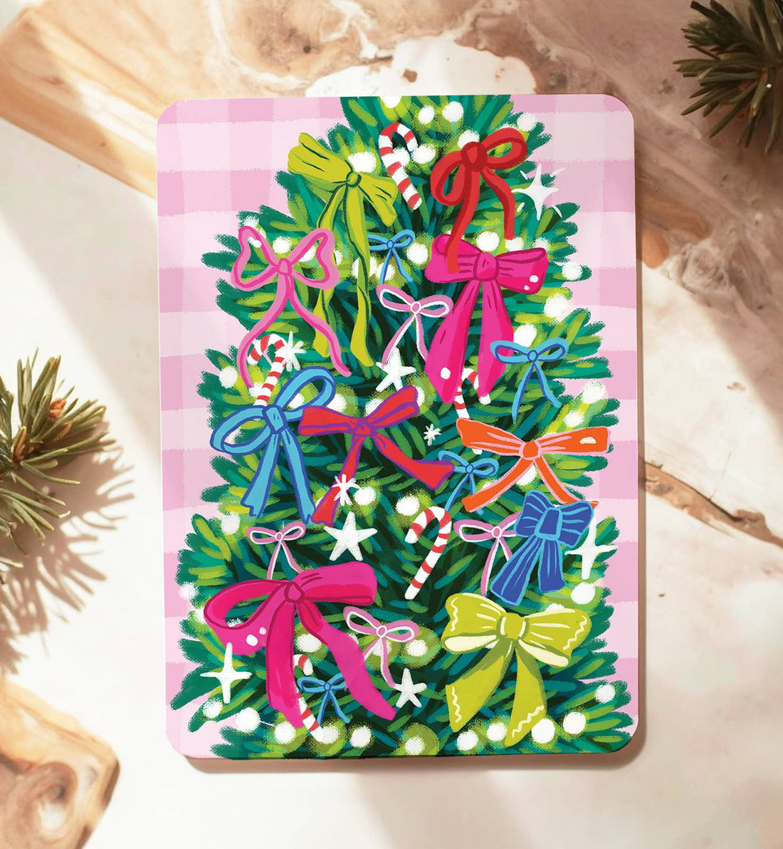 Kaart Kerstkaart kerstboom kleurrijke strikken | Kaart Aniet Illustration