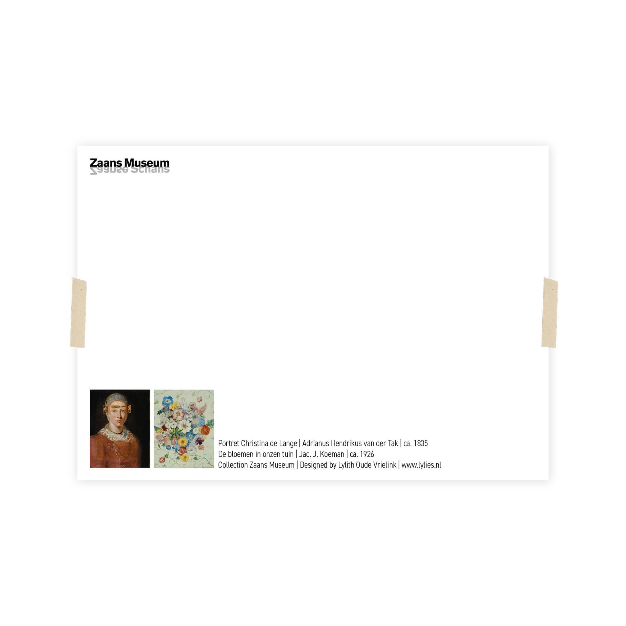 Postcard collage Zaans Museum  - gekleurd bloemenhoofd