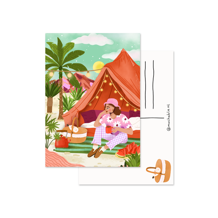 Ansichtkaart - illustratie vrouw kamperen