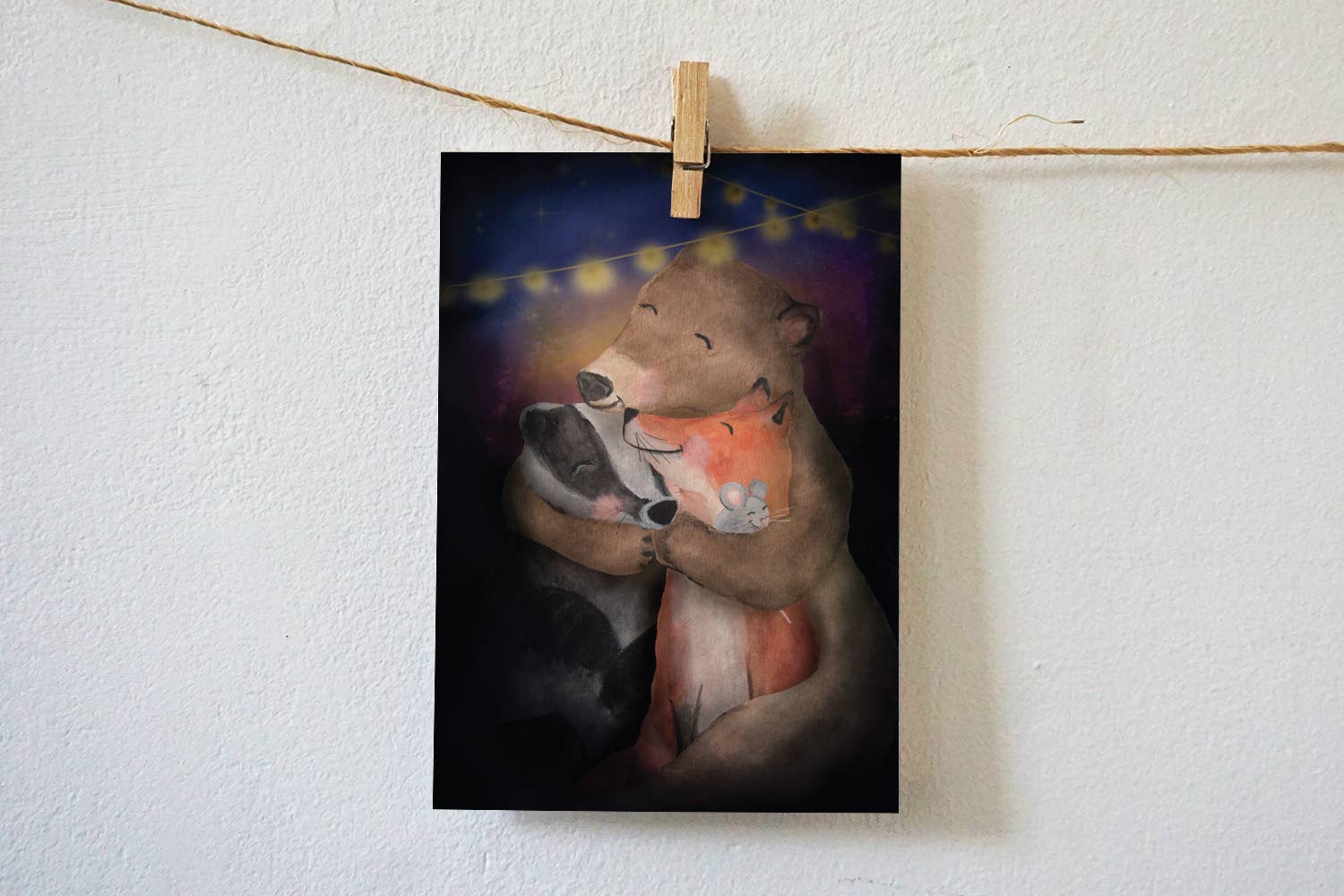 Kaart knuffelende beer,vos, das en muis | Kaart Lotte Drouen