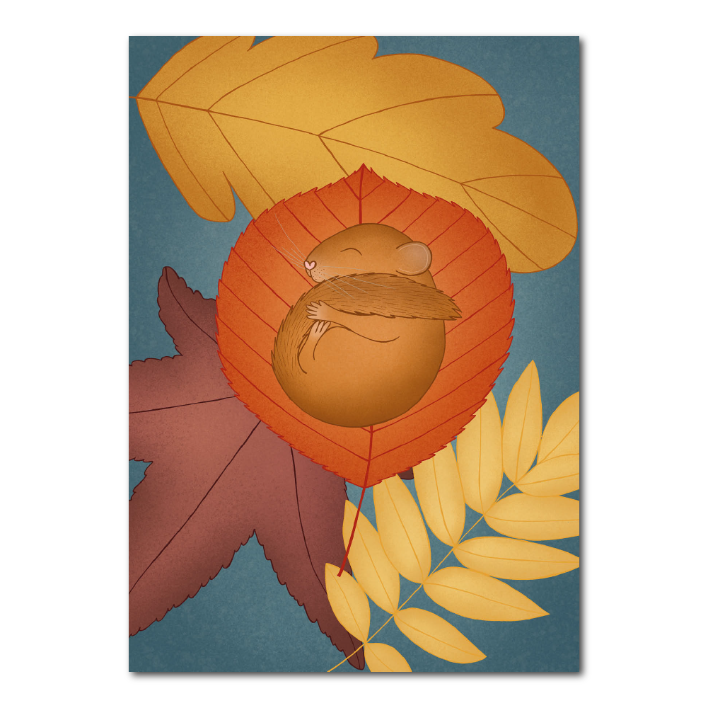 Ansichtkaart Slaapmuis op herfstblaadjes | Kaart Studio Kvinna