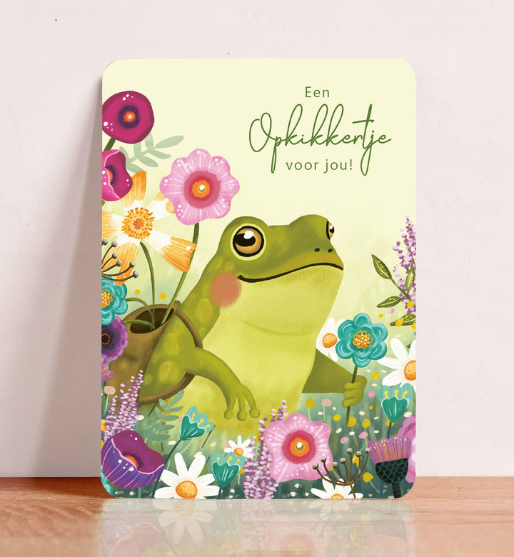 Kaart beterschap kikker opkikkertje bloemen ansichtkaart