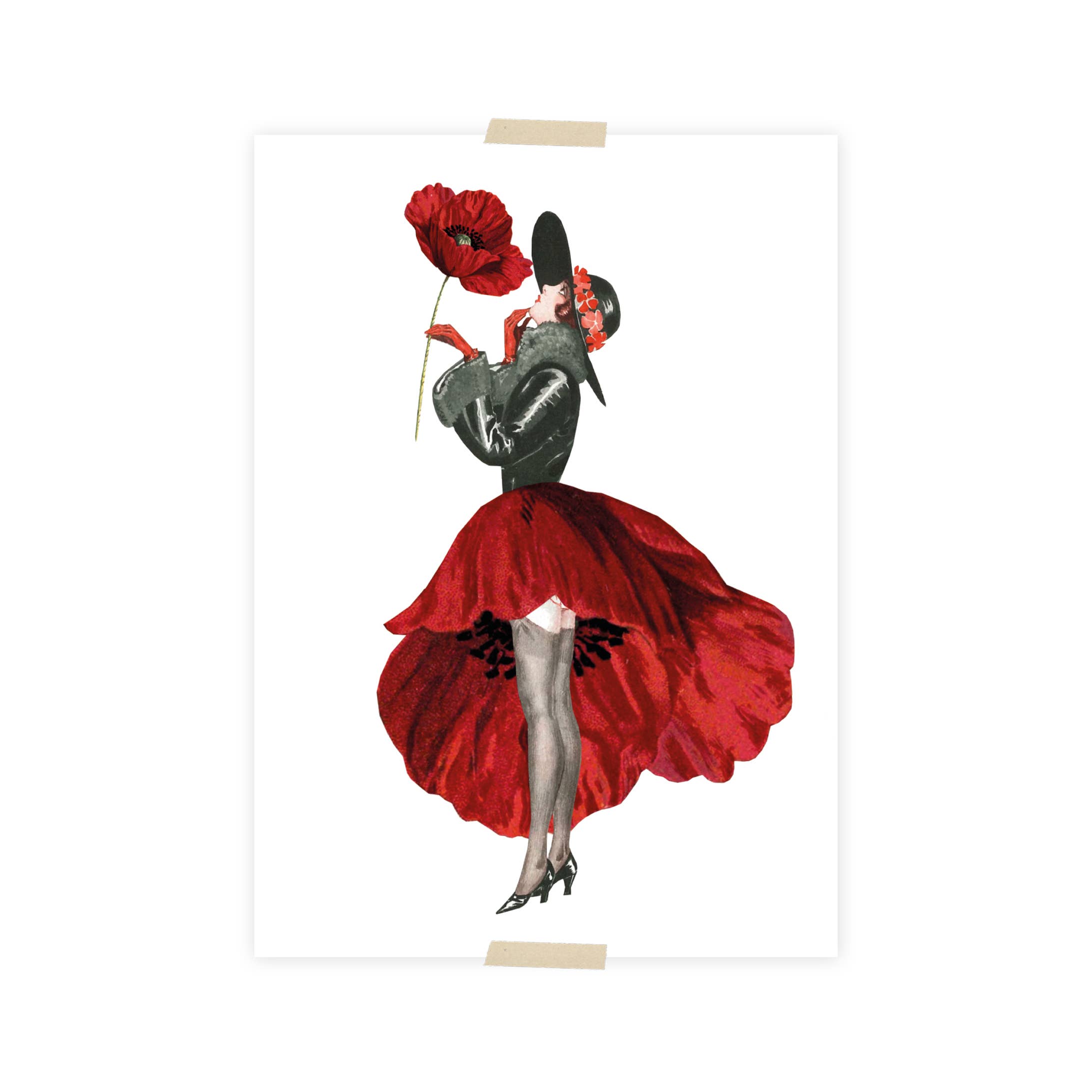 Postcard collage dametje met klaproosjurk