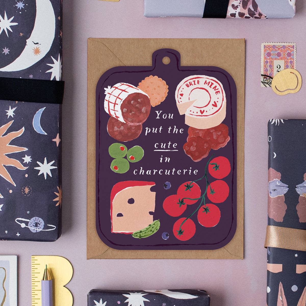 Schattig op charcuterieplank-kaart | Foodie-jubileumkaarten