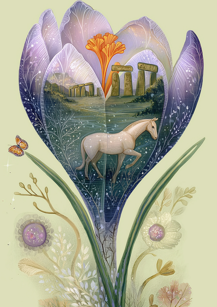 Spring at Stonehenge: Crocus & Horse | Kaart Fripperies