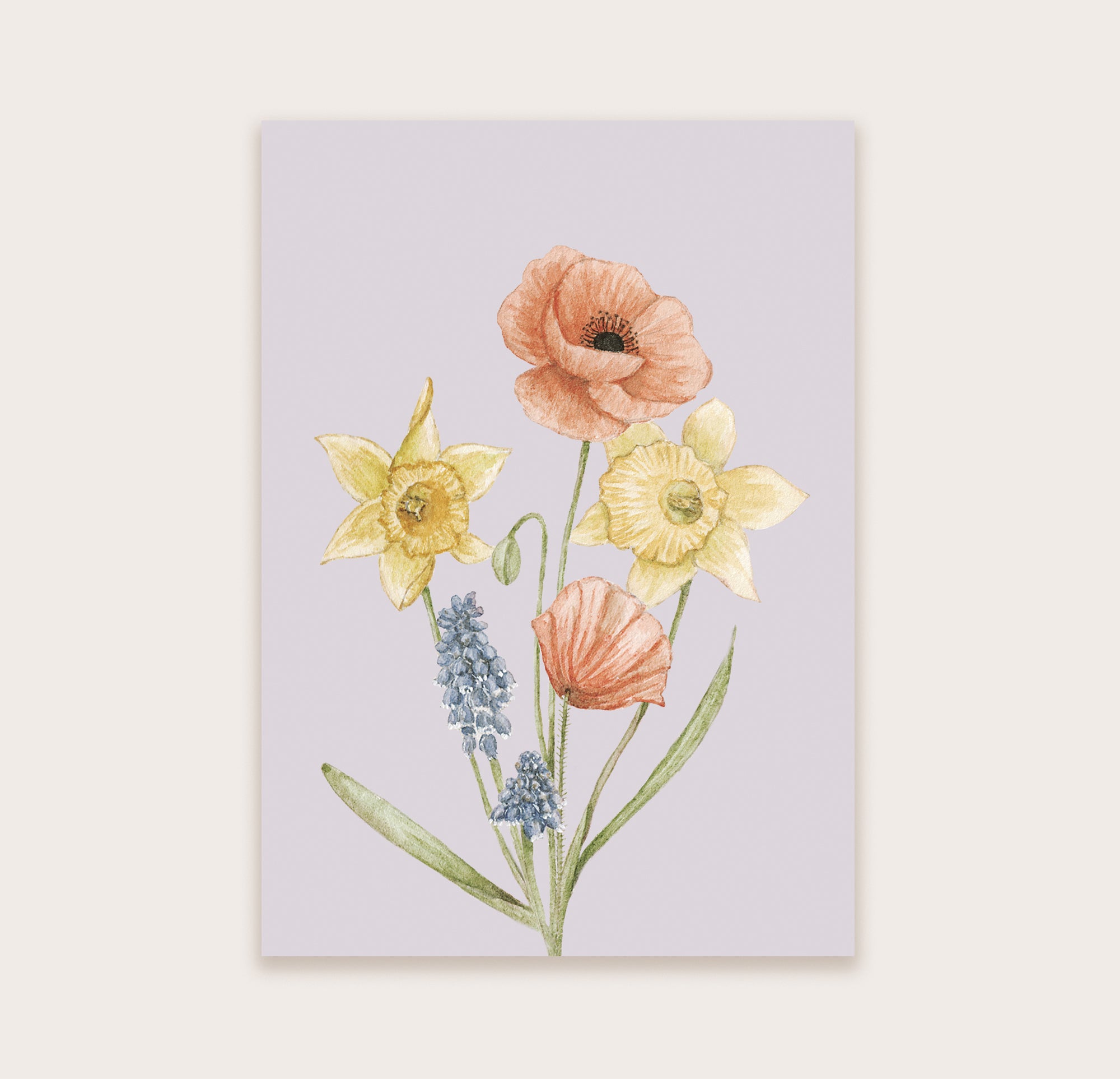 Ansichtkaart boeket klaprozen, narcissen en blauwe druif | Kaart Appeloogje