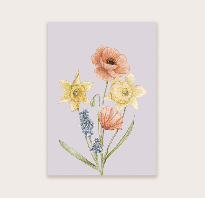 Ansichtkaart boeket klaprozen, narcissen en blauwe druif | Kaart Appeloogje