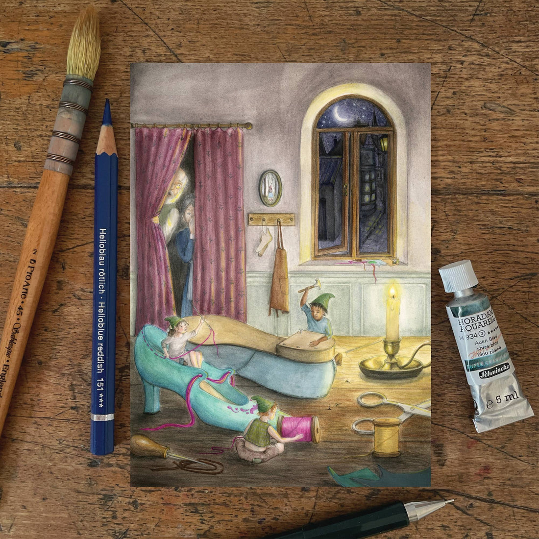 De elfen en de schoenmaker | Kaart Mhairi Hellbrandt Illustration