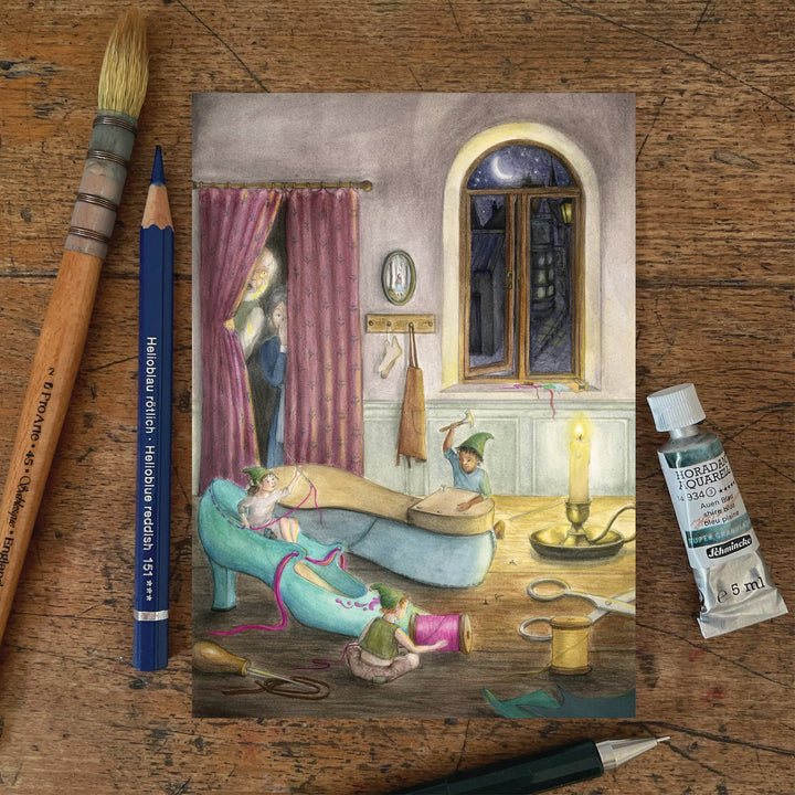 De elfen en de schoenmaker | Kaart Mhairi Hellbrandt Illustration