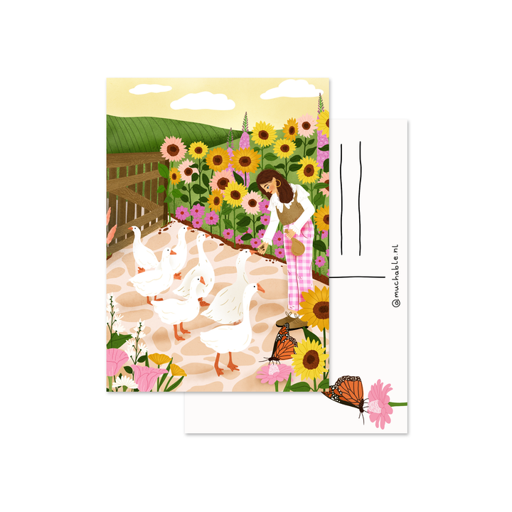 Ansichtkaart - illustratie vrouw met ganzen en zonnebloemen