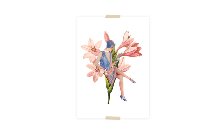 Postcard collage lezend dametje op bloem