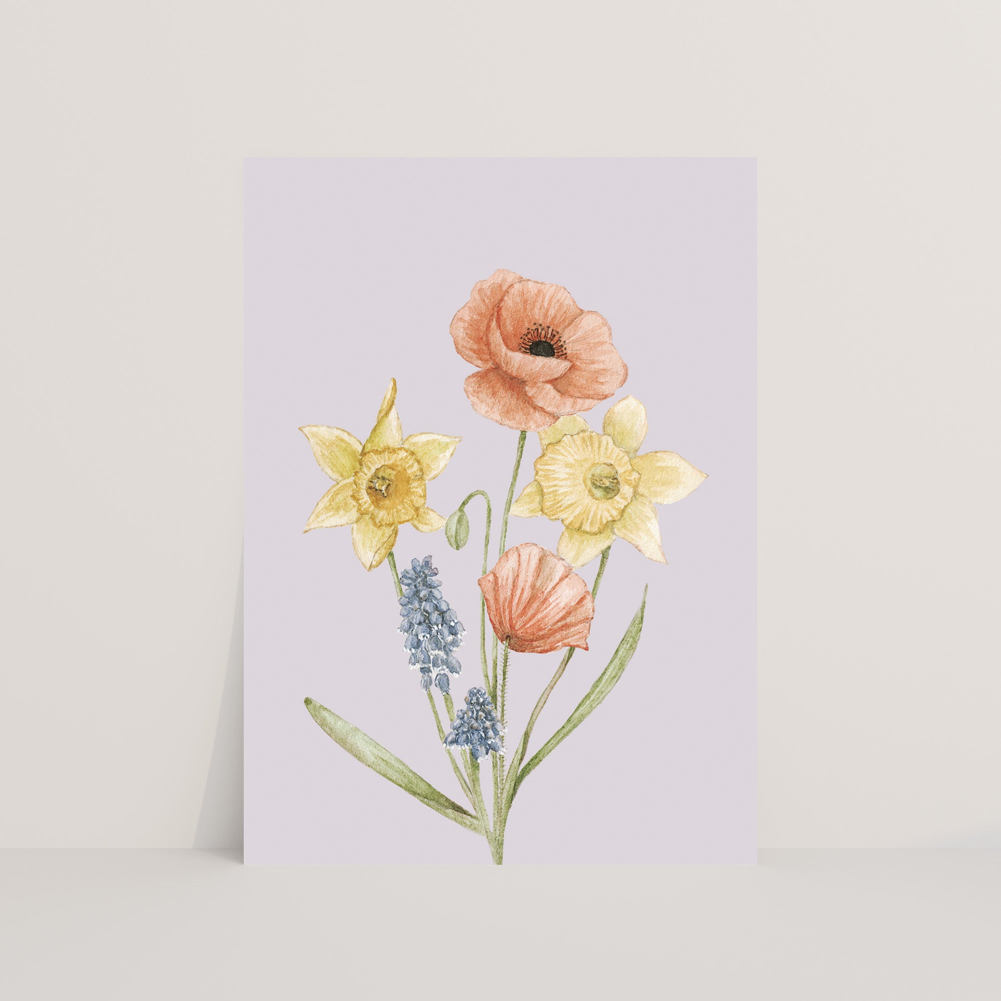 Ansichtkaart boeket klaprozen, narcissen en blauwe druif | Kaart Appeloogje