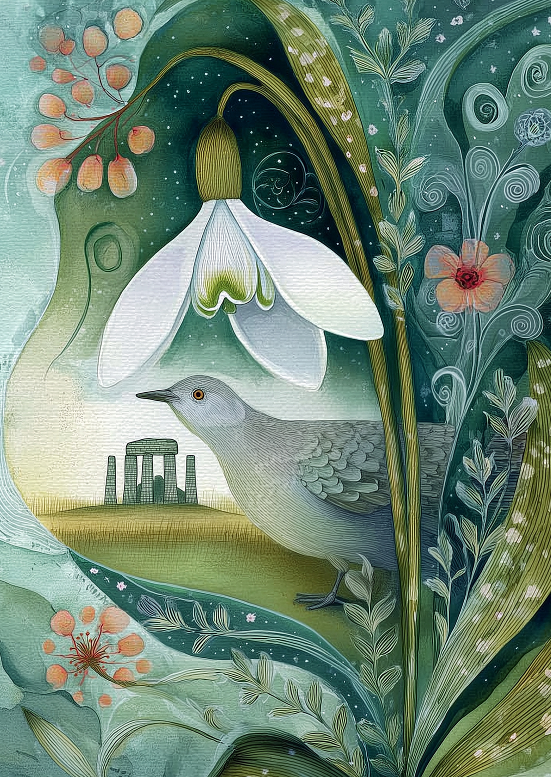 Spring at Stonehenge: Snowdrop & Pigeon | Kaart Fripperies