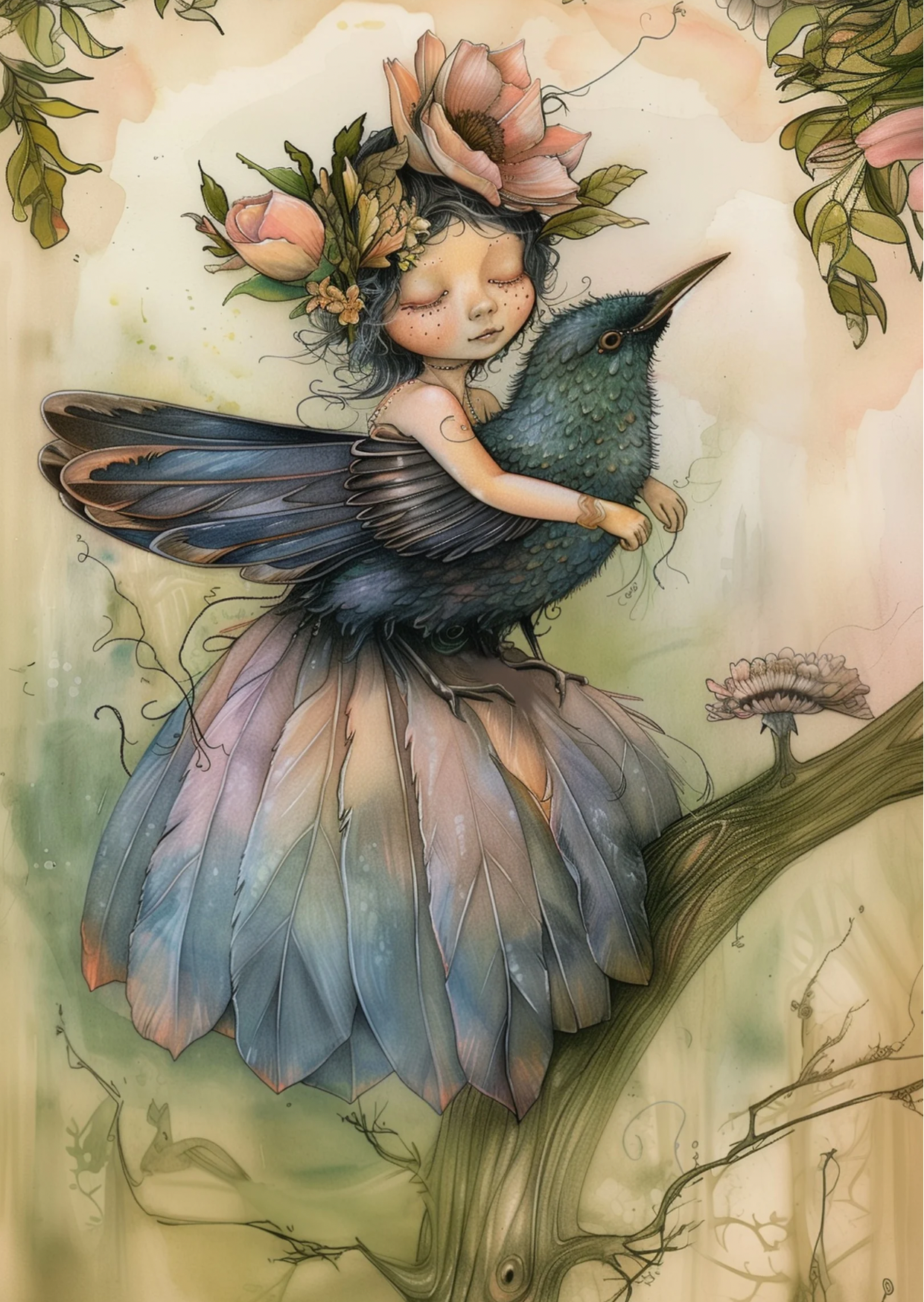 Birds & Fairies: Elf met honingeter | Kaart Fripperies