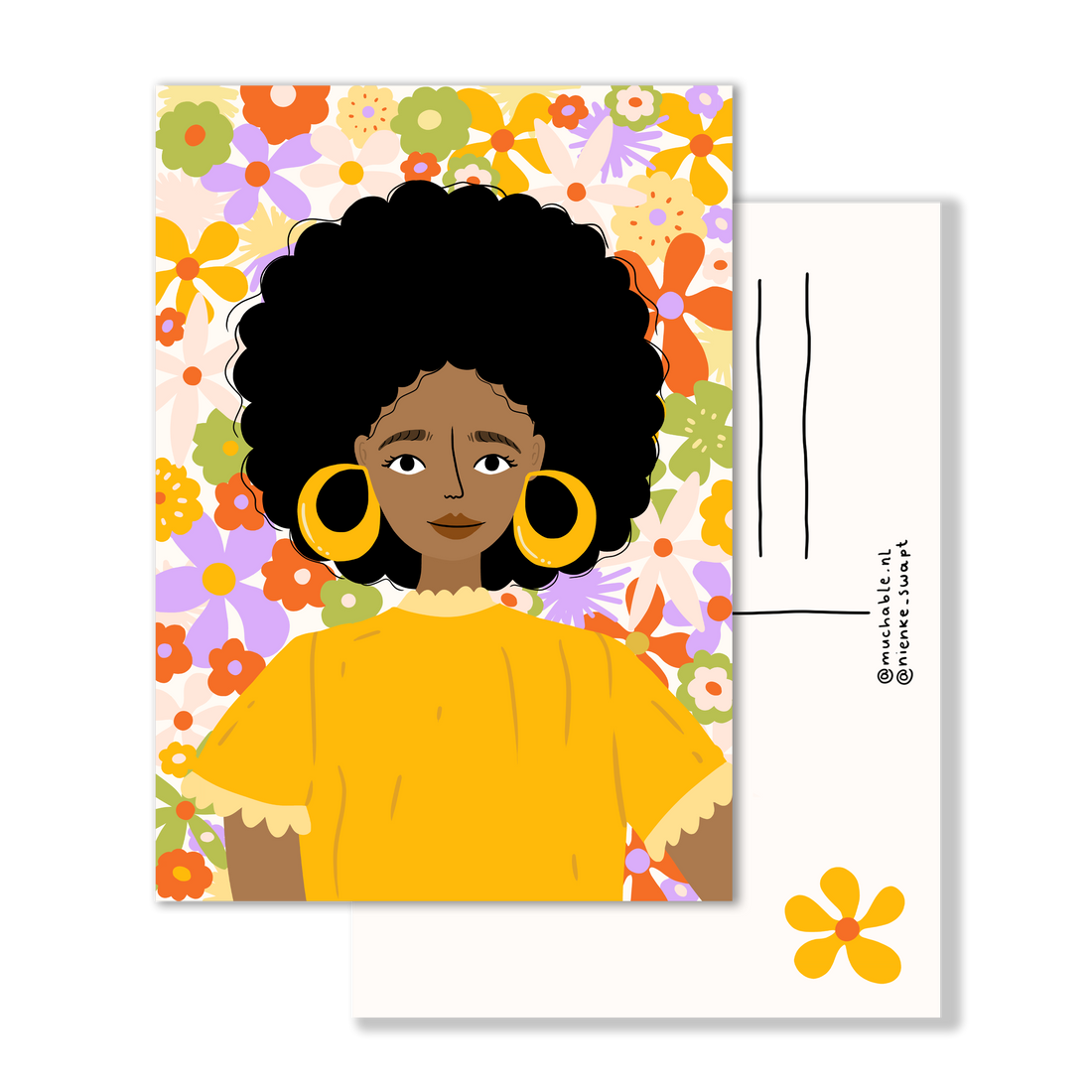 Ansichtkaart girl retro afro portret meisje/vrouw - artprint
