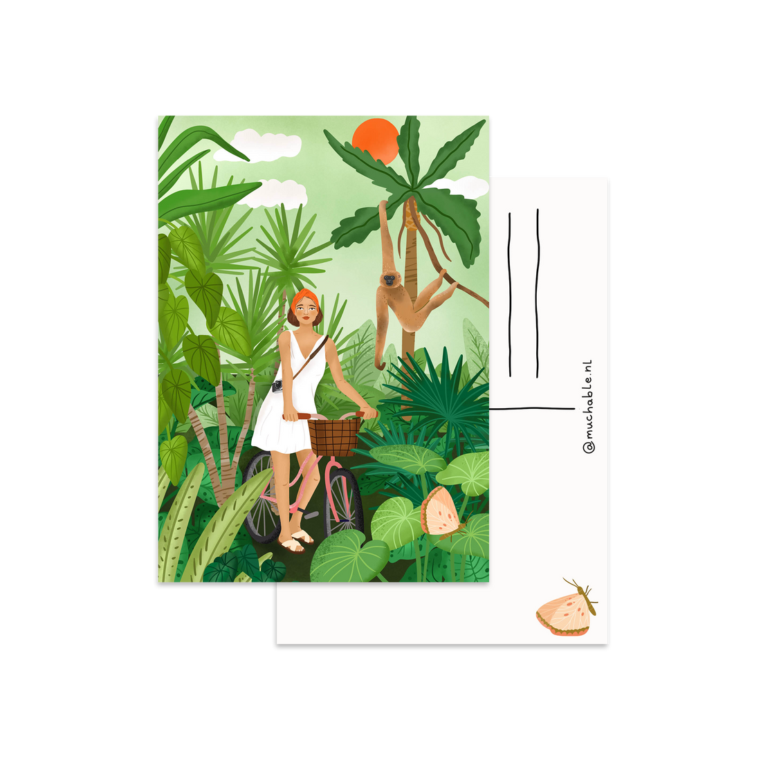 Ansichtkaart - illustratie vrouw fiets in jungle