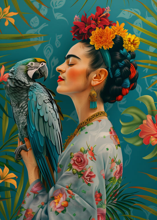 Frida Kahlo: Frida Kahlo met papegaai | Kaart Fripperies