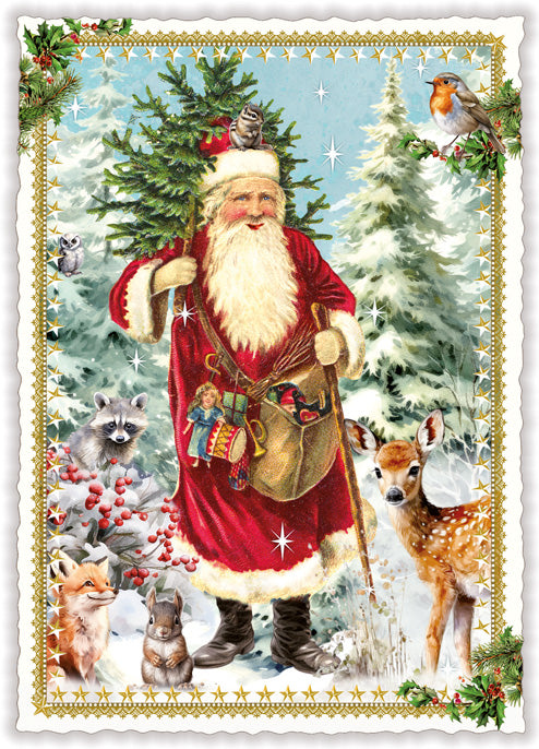 Kerstman met boom en dieren (PK1164) | Kaart Edition Tausendschön