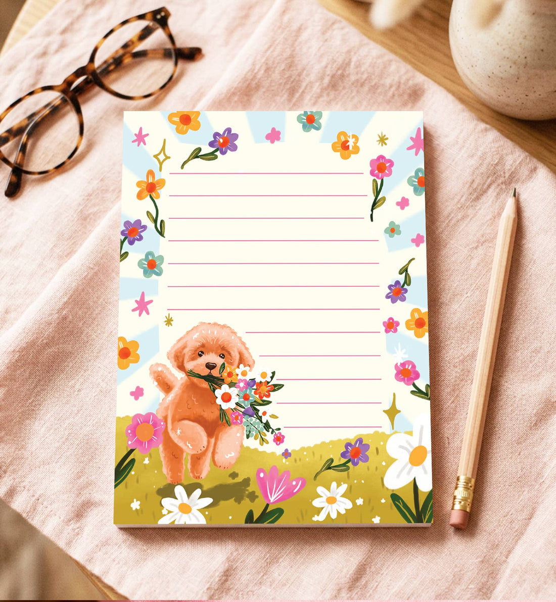 Notitieblok A6 hond labradoodle bloemen vrolijk dieren